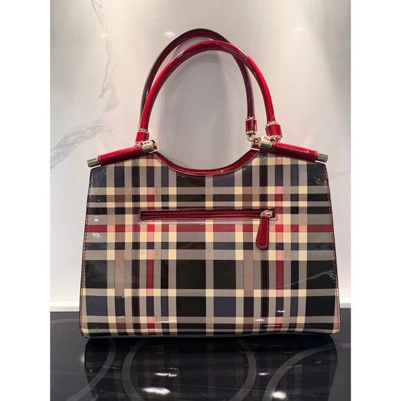 Handbag Shoulder Bag Red Black Beige Plaid Glossy Finish Red Handles0 - Picture 5 of 8